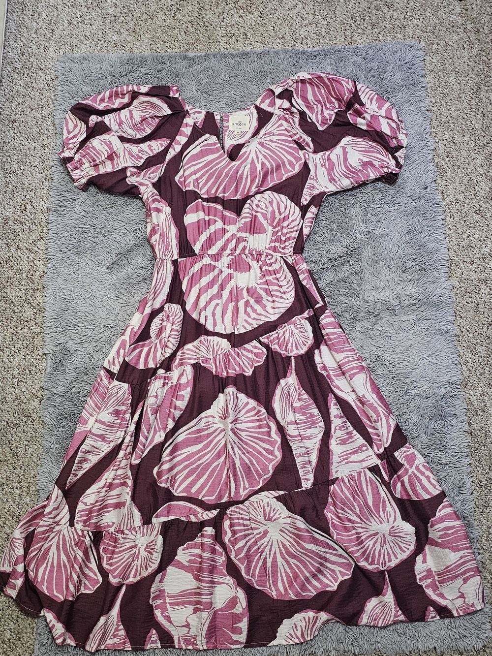Umgee Pink/Purple Shell Print Puff-Sleeve Maxi Dress Sz Med